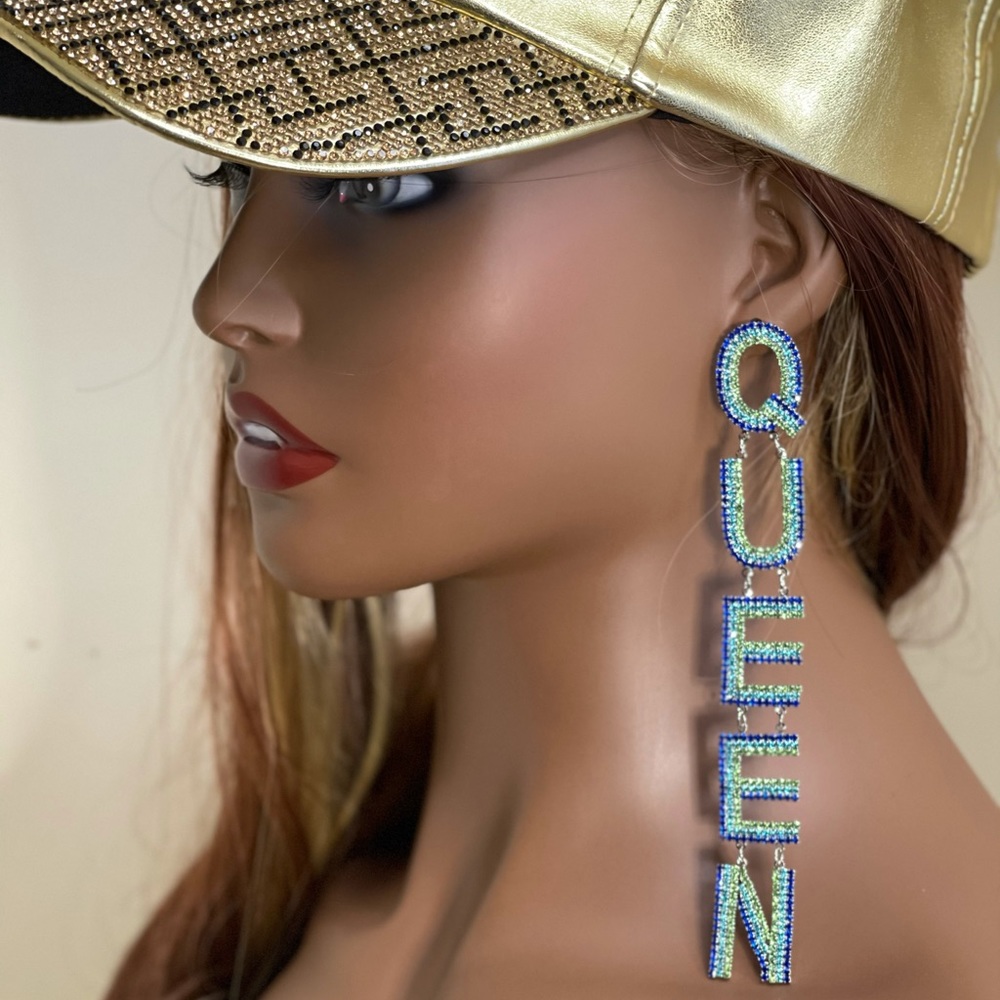 Blue Rhinestone Queen Bling Earrings